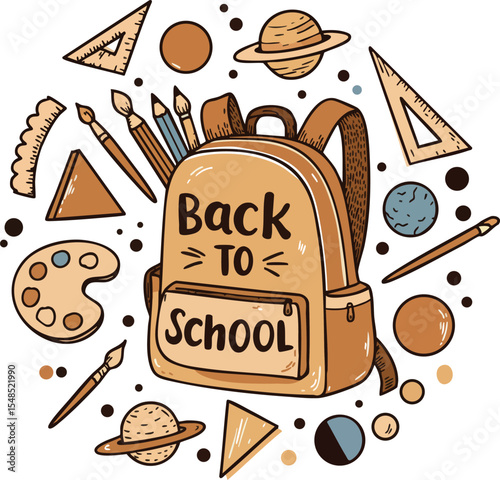 School backpack with art supplies and geometry tools for back to school theme vector illustration 