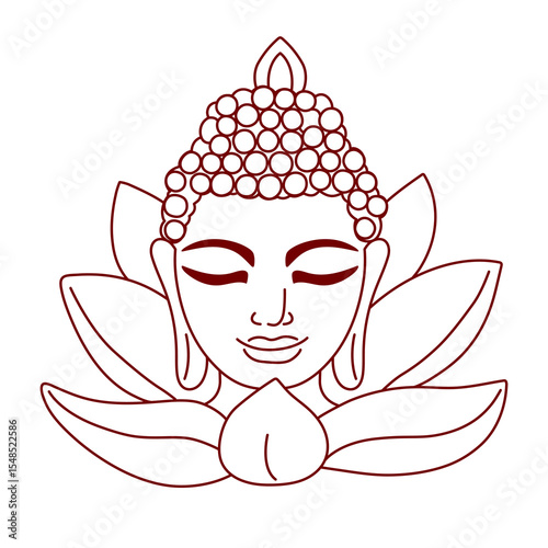 Head of Buddha with lotus flower on white background. Line art. Vector illustration. Editable stroke
