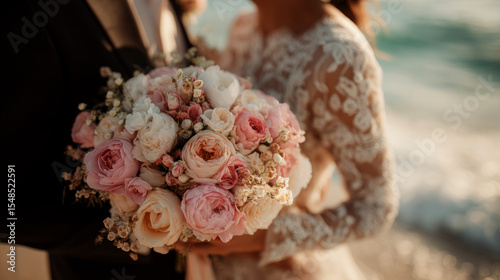Beach Wedding Bouquet Pink Peonies  Roses Bridal Flowers