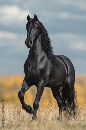 Black Friesian horse rearing up on the grassland, blue sky background