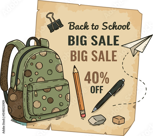 Back to school sale with backpack pencil pen eraser and paper plane vector illustration 