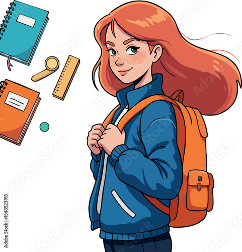 Redheaded girl with orange backpack and school supplies vector illustration in casual outfit
