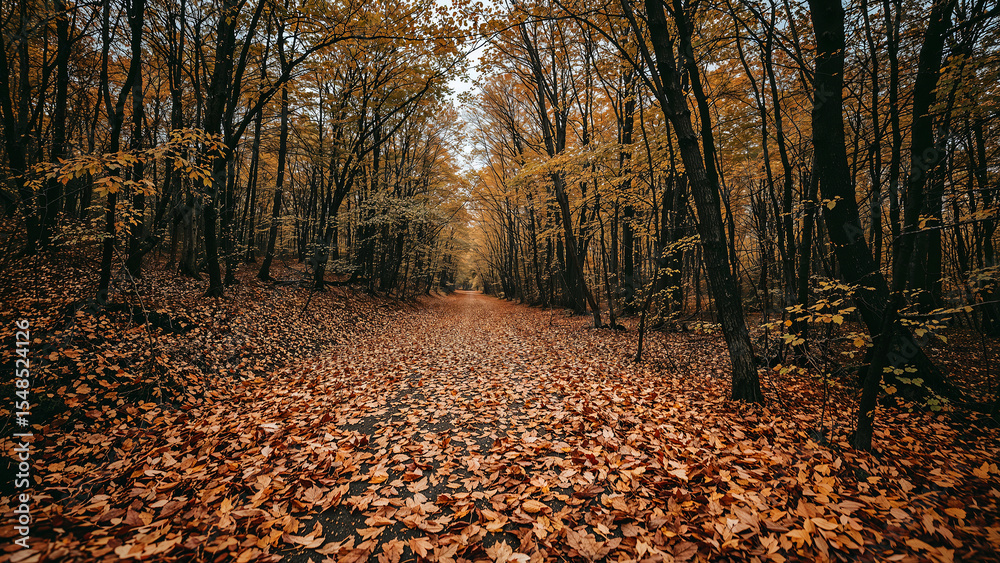 Fototapeta premium Autumn pathway blanketed in vibrant fallen leaves