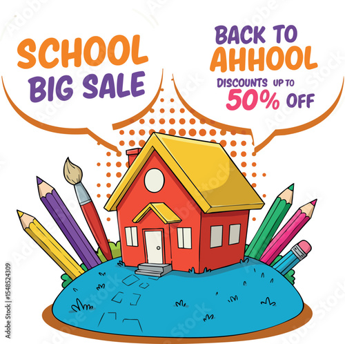 School house with colorful pencils back to school big sale discount promotion vector illustration 