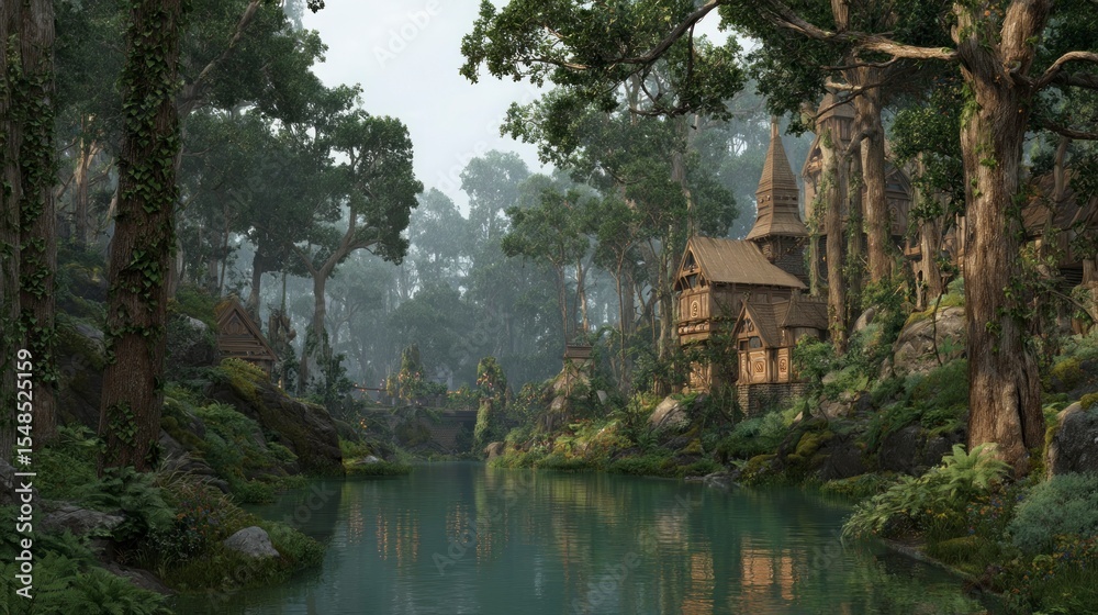 Fototapeta premium Scenic forest landscape with river flowing through lush trees and greenery