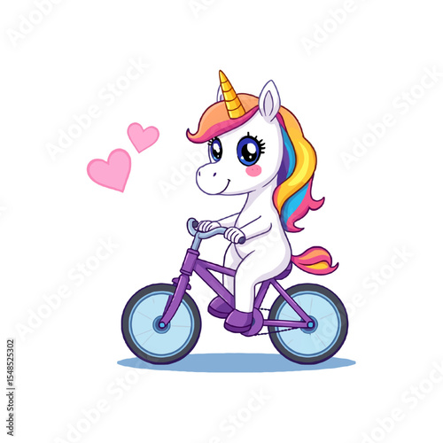 Cute unicorn riding a bicycle isolated on white background