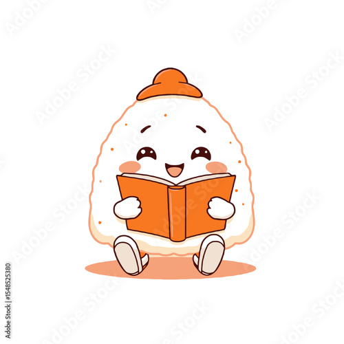 Cute onigiri character reading book isolated on white background