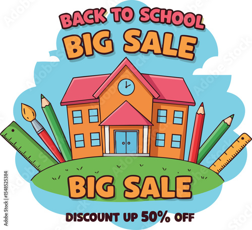 Back to school big sale with school building and colorful stationery vector illustration 