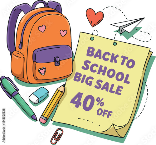 Backpack with school supplies and back to school big sale note vector illustration in pastel colors 