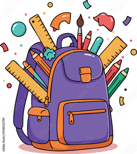 Purple and orange backpack filled with colorful school supplies and stationery items vector illustration 