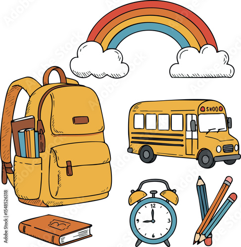 School supplies backpack bus clock pencils book rainbow vector illustration colorful 