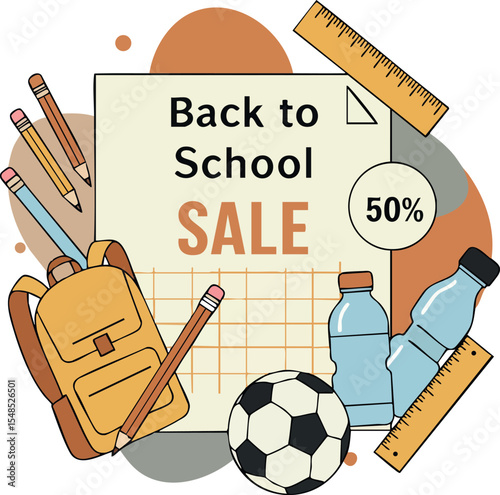 Back to School Sale Promotion with Backpack Pencils Soccer Ball and Rulers Vector Illustration 