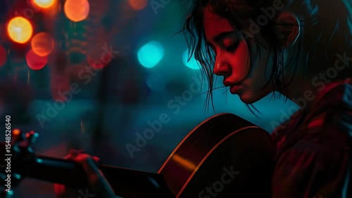 Sad woman playing guitar on rain