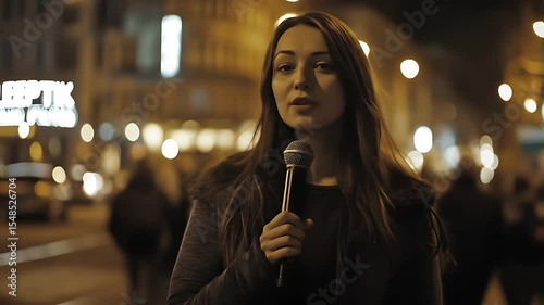 Lady reporter talking in busy city night
