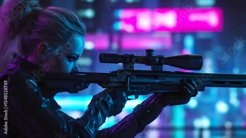 Lady assassin shooting with a rifle from rooftop