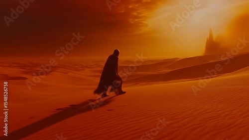 Lonely man walking in desert storm