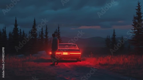 Mysterious Man Standing by a Vintage Car with Glowing Red Taillights at Night
