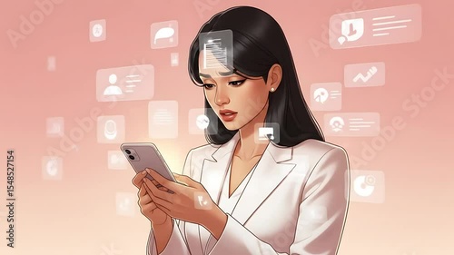 Businesswoman Using Smartphone with Social Media Icons