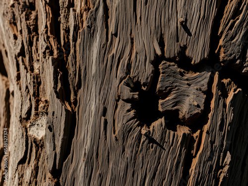Sunlight illuminates aged, deeply textured bark of a dead tree in natural brown tones