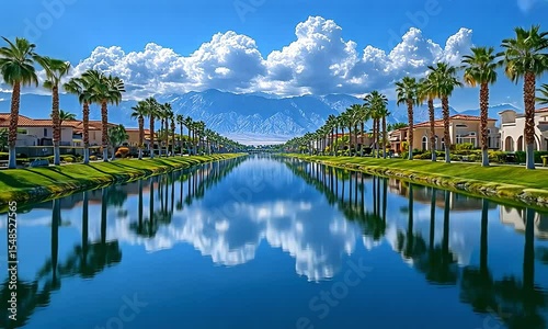 Canal reflections of palm trees and homes against a mountain backdrop