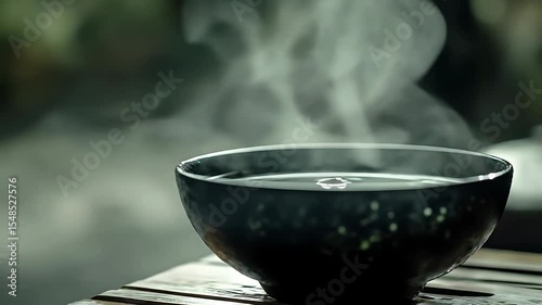 Hot Water in Dark Bowl with Rising Steam