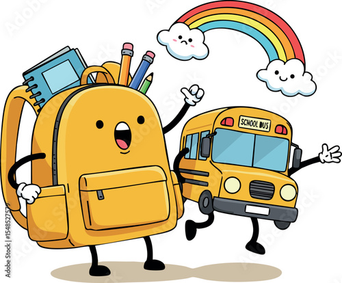 Cute happy school backpack and yellow school bus with rainbow vector illustration 