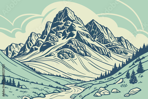 Hand Drawn Dog Illustration with Intricate Patterns and Mountain Elements