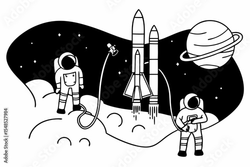 Astronauts Exploring Space with Rocket Ship Illustration vibrant