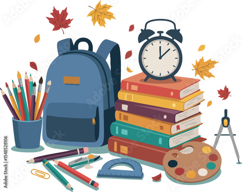 School supplies with books backpack and art tools surrounded by autumn leaves vector illustration 