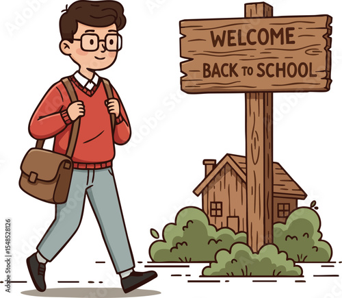 Student walking near welcome back to school wooden sign education concept vector illustration 