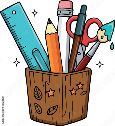 Stationery Tools in Wooden Holder Vector Illustration with Ruler Pencil Paintbrush and Scissors