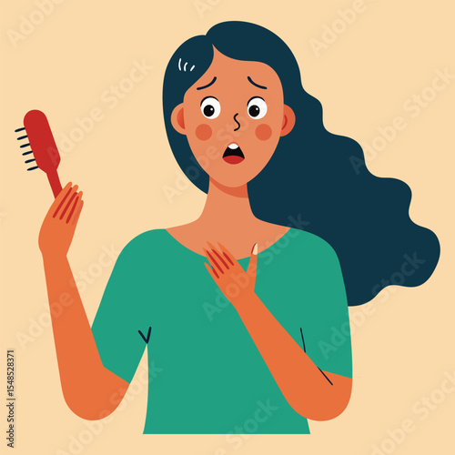 Woman learns about problem of hair loss sees comb and opens mouth in surprise 