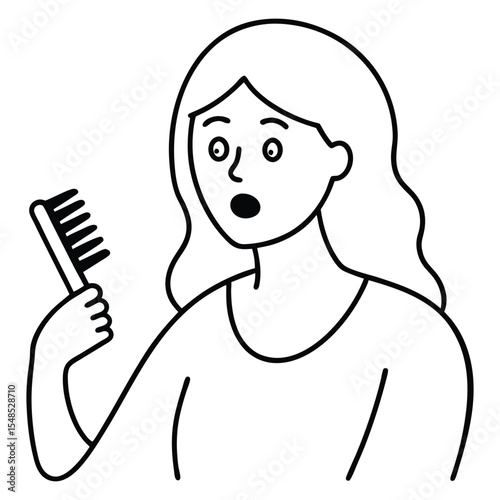 Woman learns about problem of hair loss sees comb and opens mouth in surprise 
