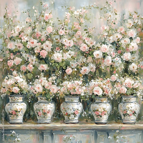 Five ornate vases overflowing with beautiful flowering roses artwork