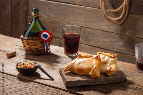 Φωτογραφία Two empanadas, a typical Chilean dish for September 18th, along with a bottle and glasses of red wine in a rustic setting