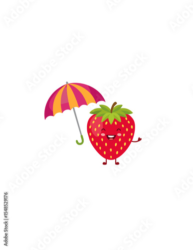 A smiling strawberry holding a mini sun umbrella with little hearts around it.