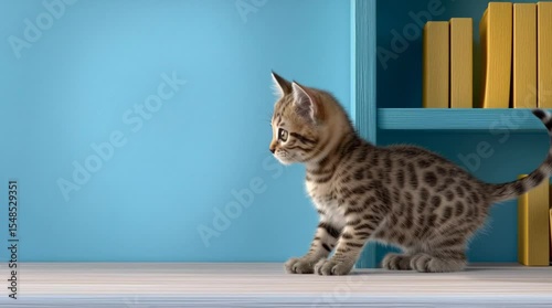 A cat knocks a vase off a bookshelf
