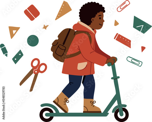 Boy riding green scooter with backpack surrounded by school supplies vector illustration 