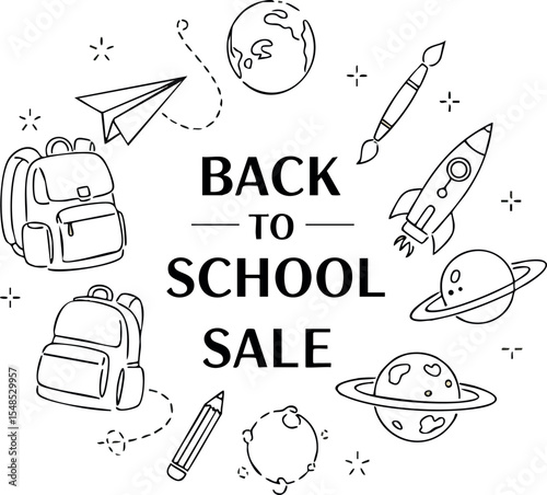 Back to school sale education supplies and space illustrations vector design 