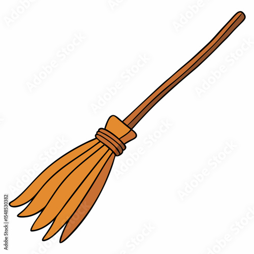 Cartoon Witchs Broom with Orange Straws and Brown Wooden Handle.