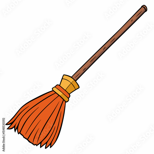 Cartoon Broom with Wooden Handle and Orange Bristles for Sweeping.