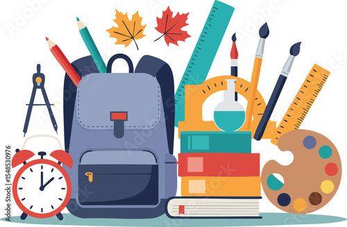 School supplies and autumn leaves with backpack and art tools vector illustration 