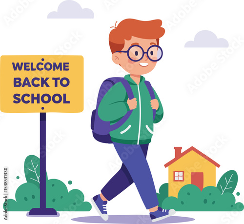 Schoolboy walking with backpack near welcome back to school sign vector illustration 