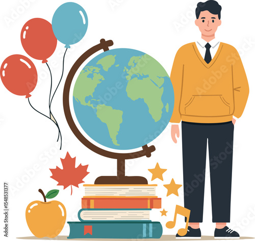 Student with globe books balloons apple and maple leaf education and learning concept vector illustration 