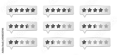 Black and white star rating, refined user rank with grey gradient forms, classic feedback and customer review set. Monochrome customer service signs for a website and app
