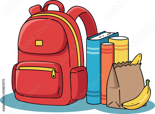 Red Backpack with Books and Lunch Bag Illustration for School or Study Essentials 