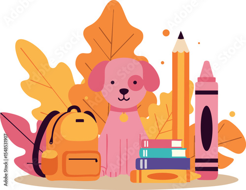 Cute pink dog with school supplies and autumn leaves vector illustration 