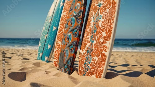 Surfboards with vibrant patterns on beach for summer lifestyle content
