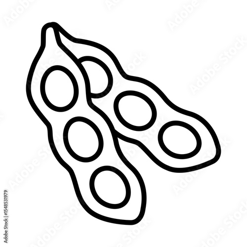 Bean pod icon with seeds. Soybean (glycine max) graphic in outline style for food, agriculture and farming. Black and white vector illustration with adjustable stroke weight.