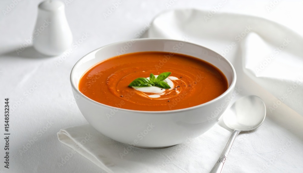 Sopa de tomate cremosa servida con albahaca fresca y crema, presentada en distintos platos y estilos rústicos Sopa de tomate cremosa servida con albahaca fresca y crema, presentada en distintos platos y estilos rústicos
